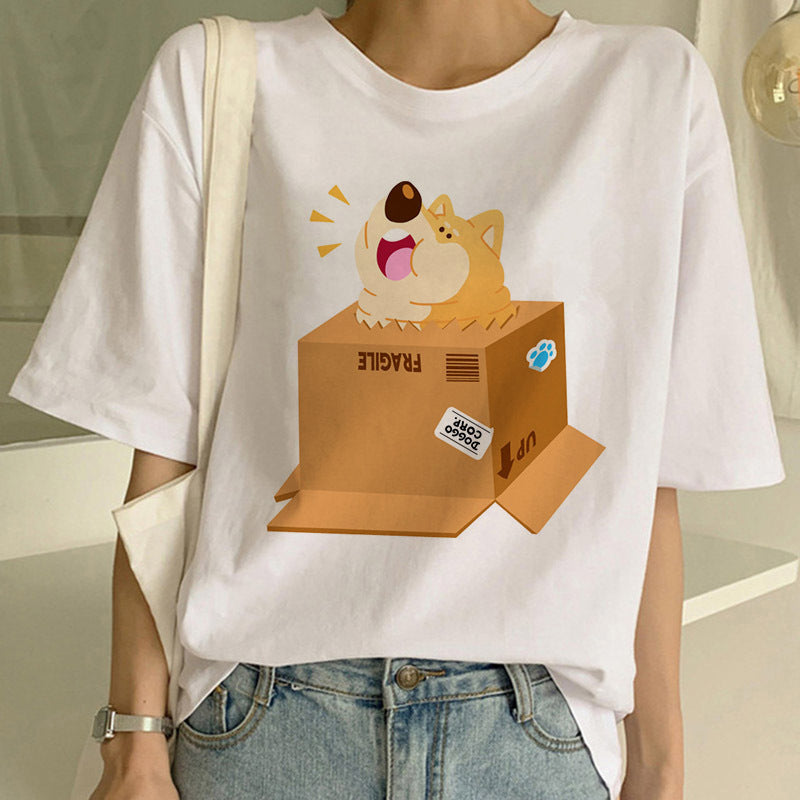 Woman in a dog print T-shirt