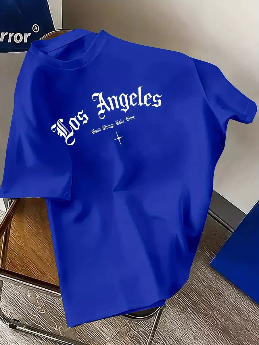 Mens Los Angeles-Print T-Shirt Casual Versatile Crew Neck Style