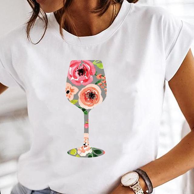 Wine Glass Fashion Printing Foreign Trade New Tops Ladies Casual Bottoming Shirts