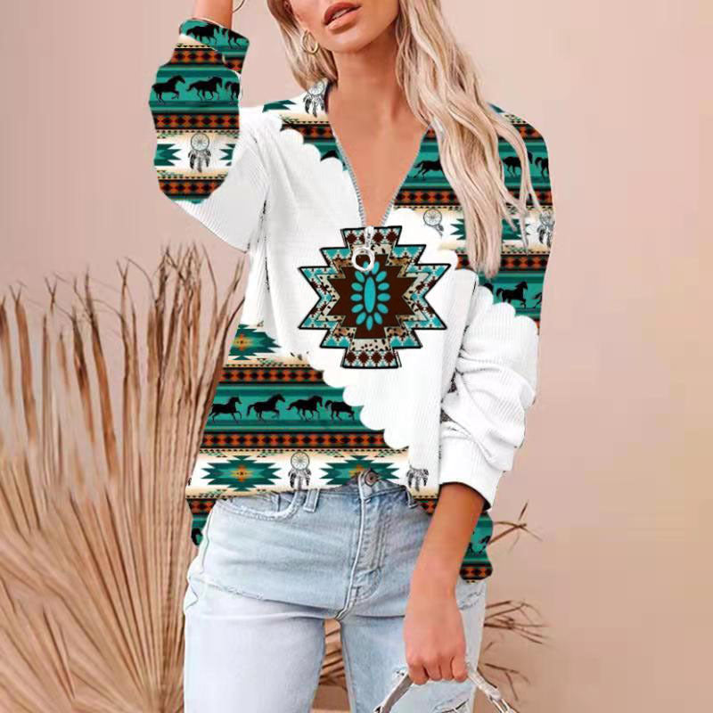 Western Printing Nationality Wind Rib Long Sleeve T-shirt Woman