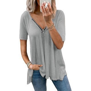 Women's Tops Women's Short Sleeves Casual T-Shirts V-Neck Zipper Loose