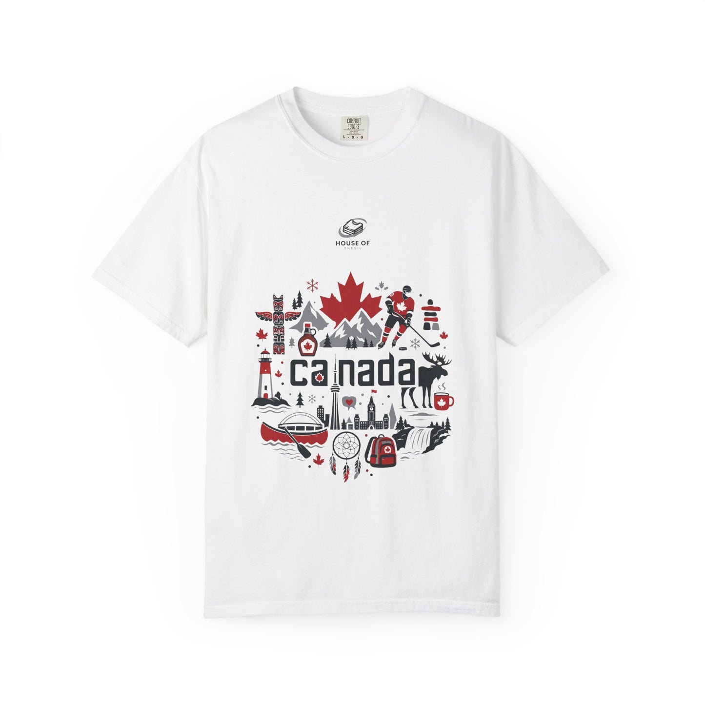 Canada Icons Garment-Dyed T-Shirt — Maple Leaf, Moose & Lighthouse Graphic