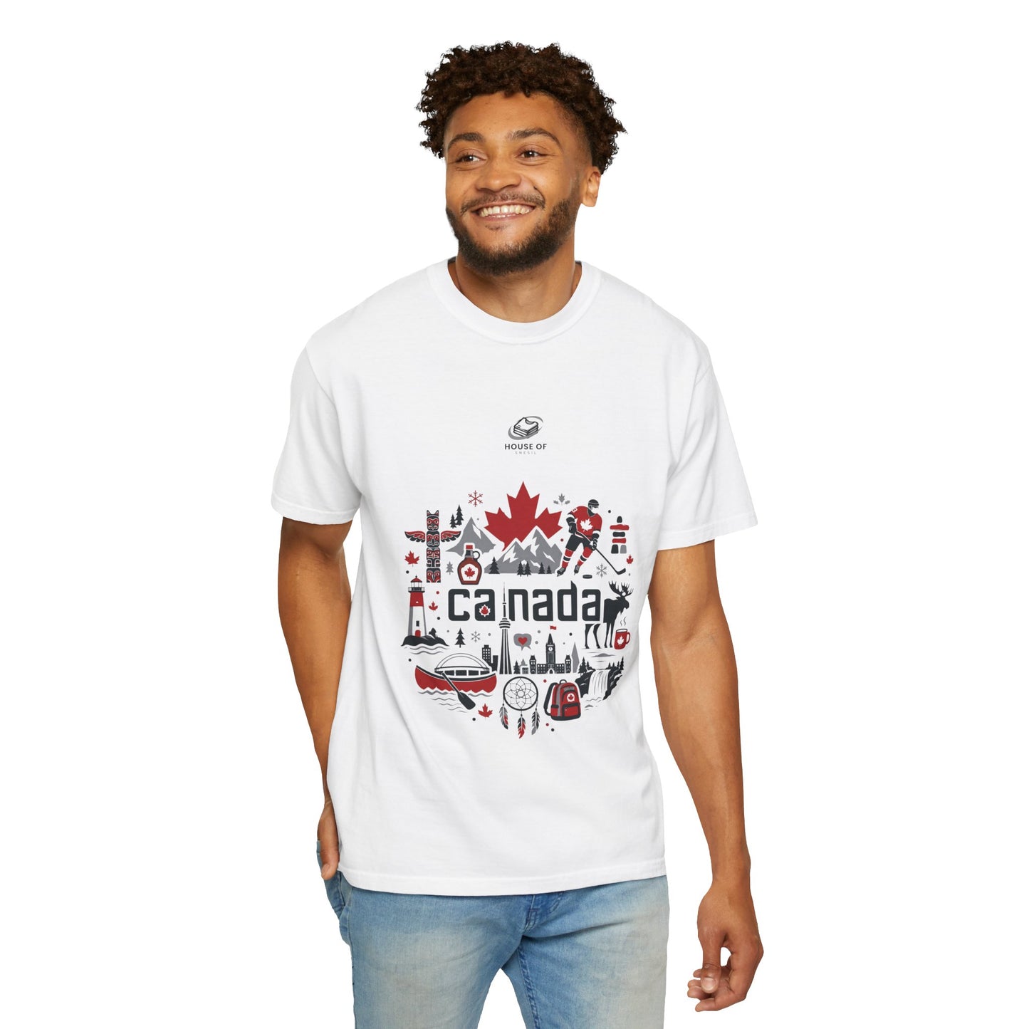 Canada Icons Garment-Dyed T-Shirt — Maple Leaf, Moose & Lighthouse Graphic