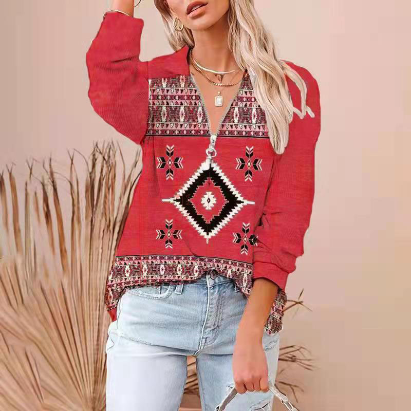 Western Printing Nationality Wind Rib Long Sleeve T-shirt Woman