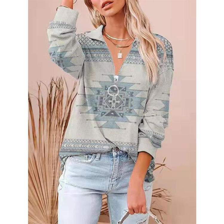 Western Printing Nationality Wind Rib Long Sleeve T-shirt Woman