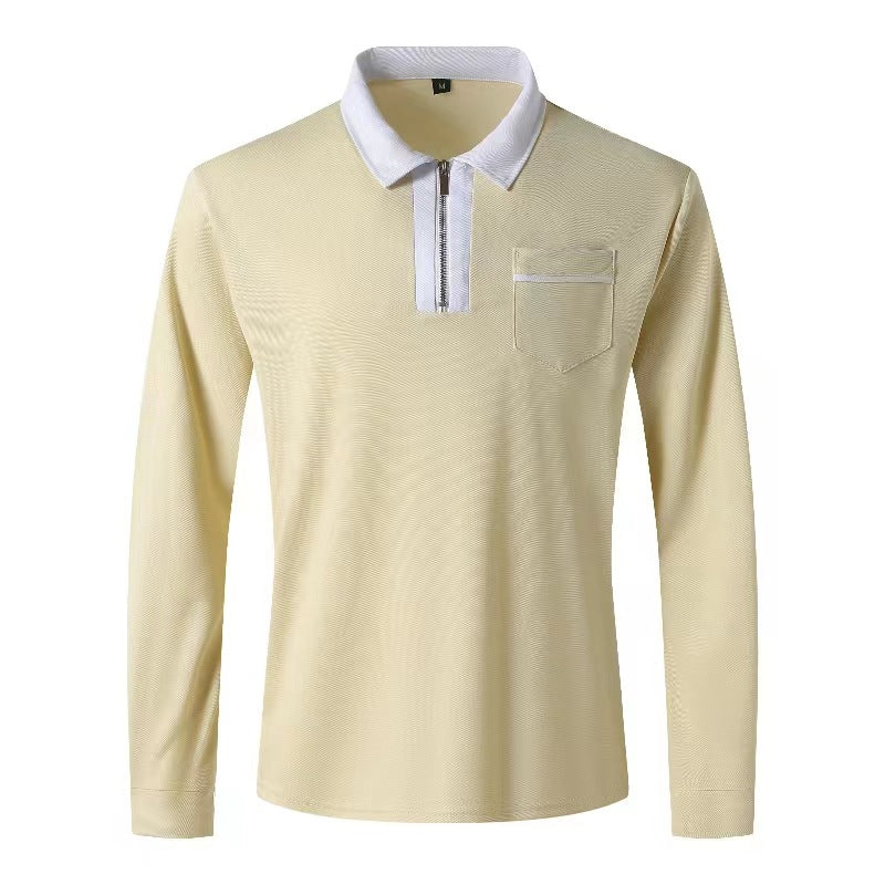 Autumn Mens Long Sleeve Zipper Polo Shirts Casual Lapel Collar Zip Up Henley Shirts Cotton Sports Golf Tennis T-Shirts With Pockets
