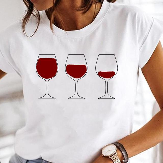 Wine Glass Fashion Printing Foreign Trade New Tops Ladies Casual Bottoming Shirts