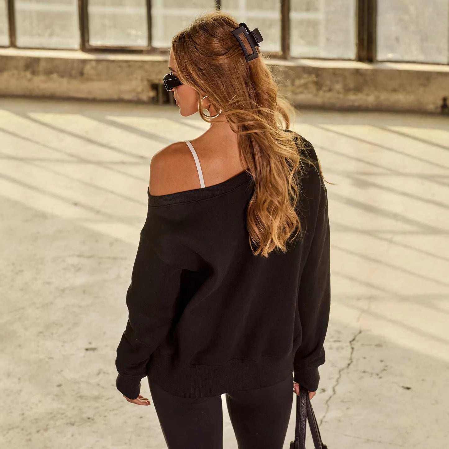 Big Round Neck Off-Shoulder Loose Sweatshirt Long-Sleeve Pullover Top For Women