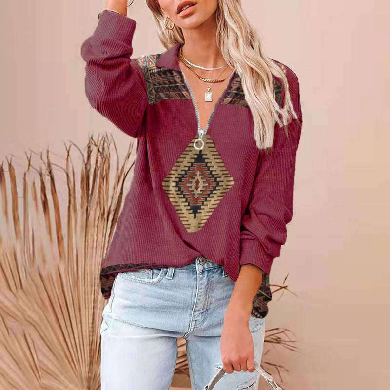 Western Printing Nationality Wind Rib Long Sleeve T-shirt Woman