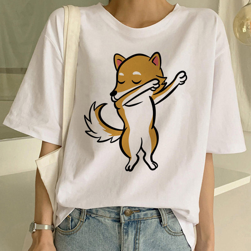 Woman in a dog print T-shirt