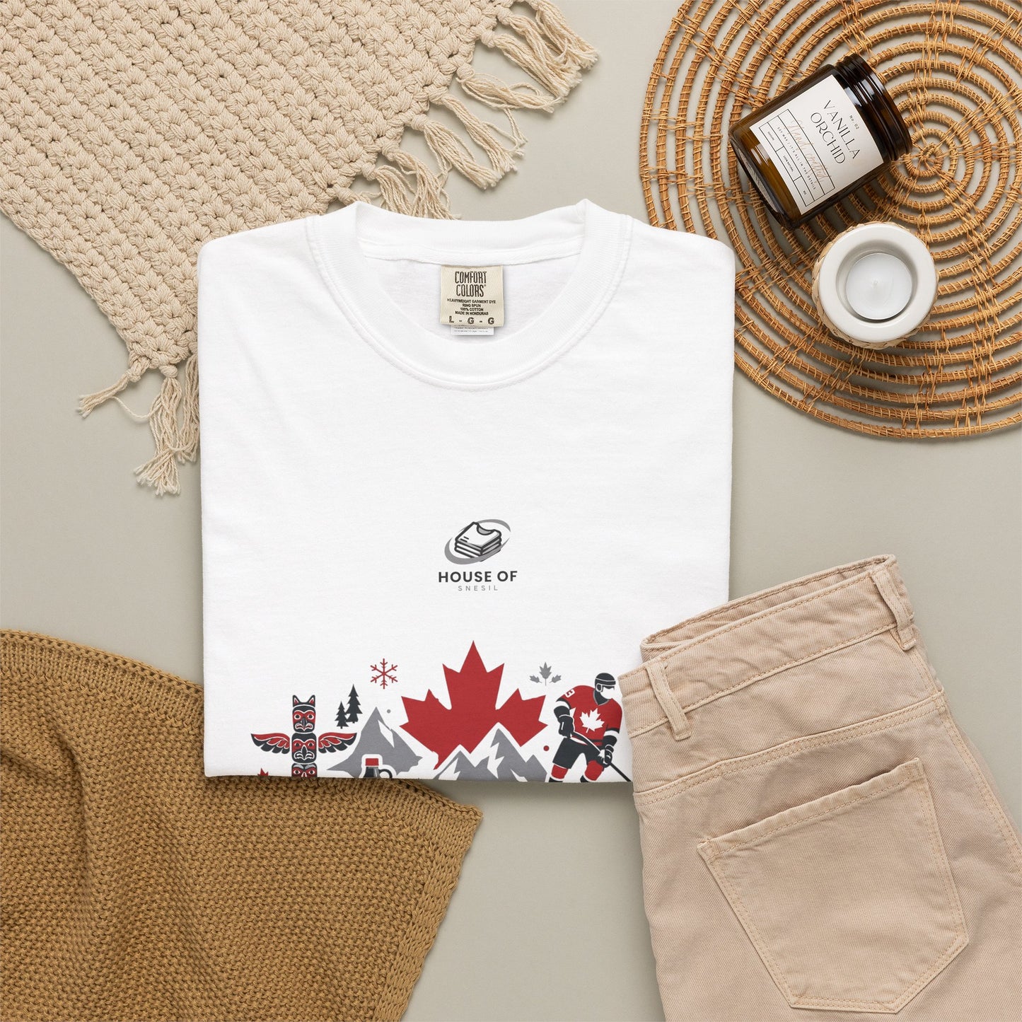 Canada Icons Garment-Dyed T-Shirt — Maple Leaf, Moose & Lighthouse Graphic
