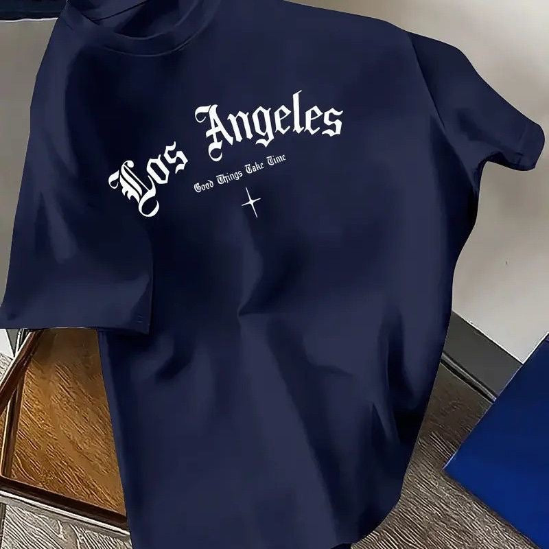 Mens Los Angeles-Print T-Shirt Casual Versatile Crew Neck Style