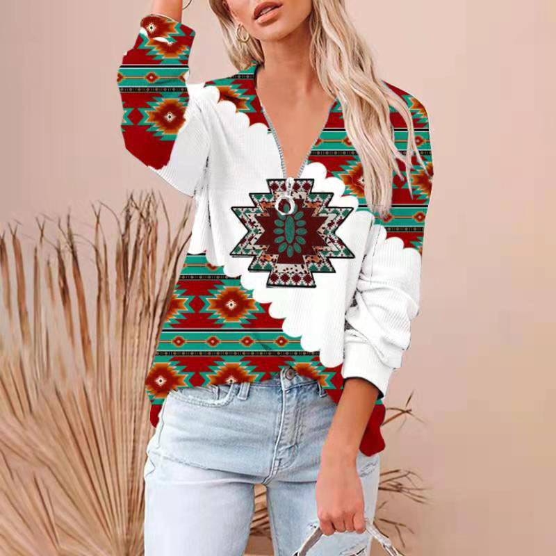 Western Printing Nationality Wind Rib Long Sleeve T-shirt Woman
