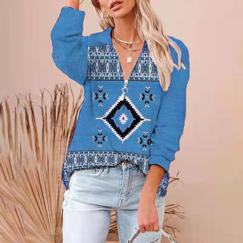 Western Printing Nationality Wind Rib Long Sleeve T-shirt Woman