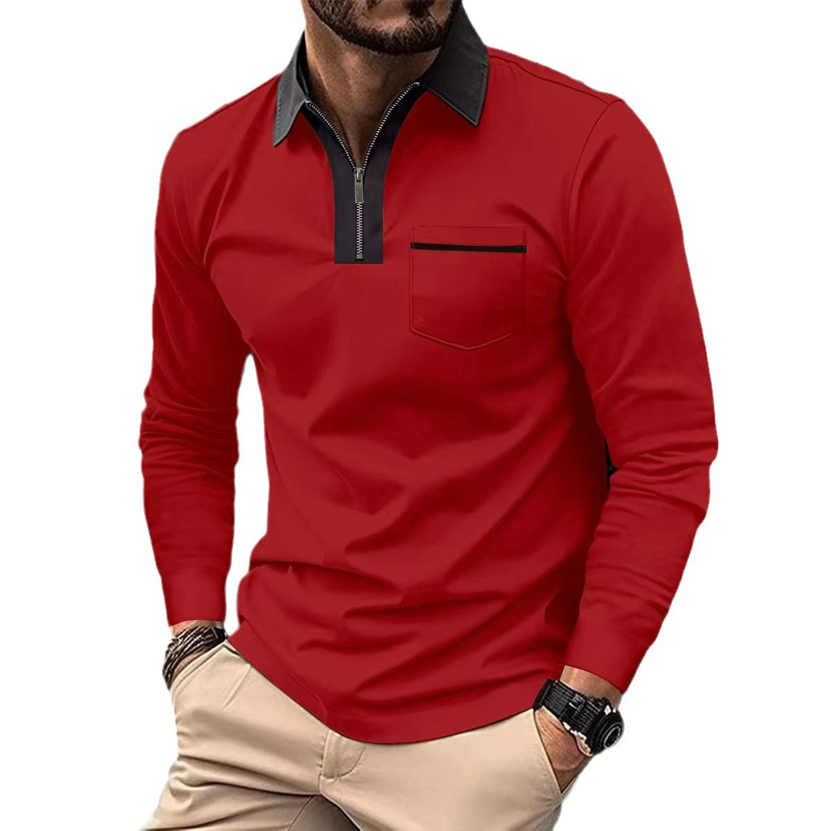 Autumn Mens Long Sleeve Zipper Polo Shirts Casual Lapel Collar Zip Up Henley Shirts Cotton Sports Golf Tennis T-Shirts With Pockets
