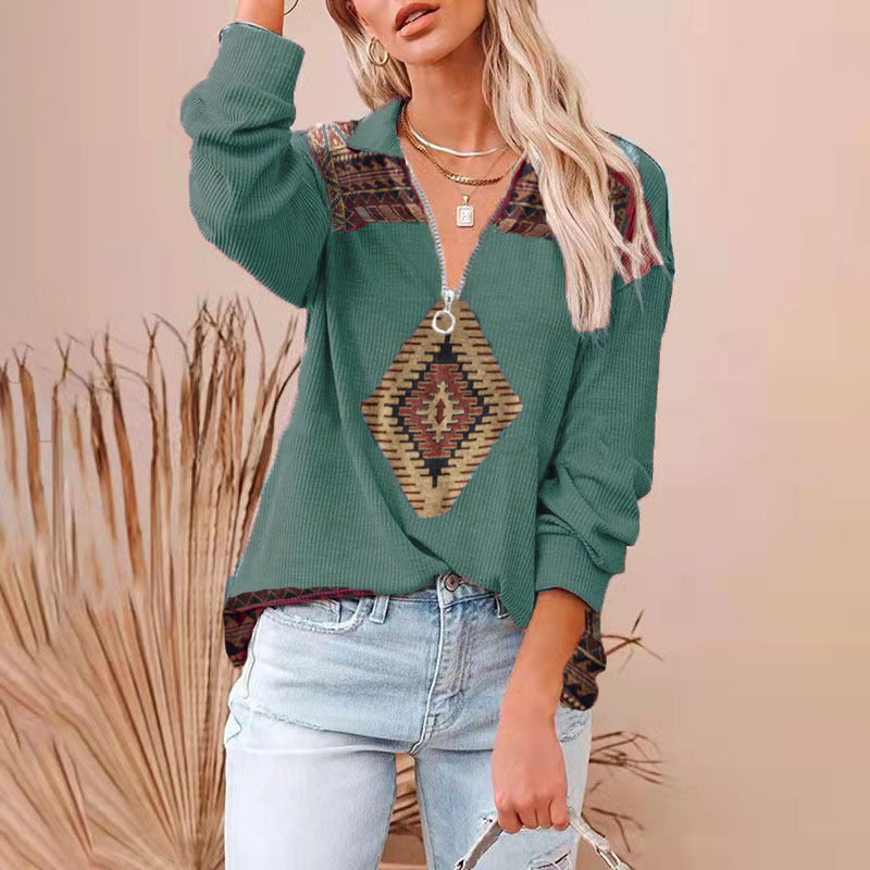 Western Printing Nationality Wind Rib Long Sleeve T-shirt Woman