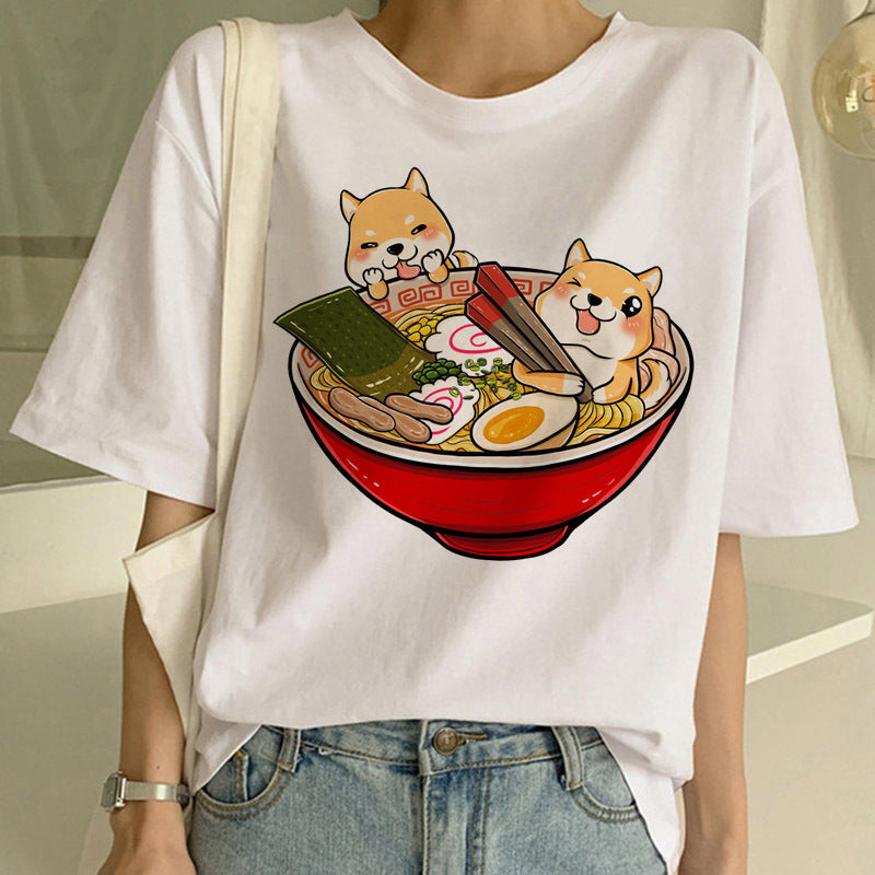 Woman in a dog print T-shirt