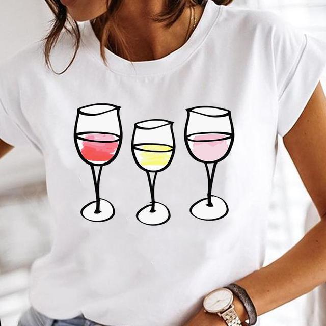 Wine Glass Fashion Printing Foreign Trade New Tops Ladies Casual Bottoming Shirts