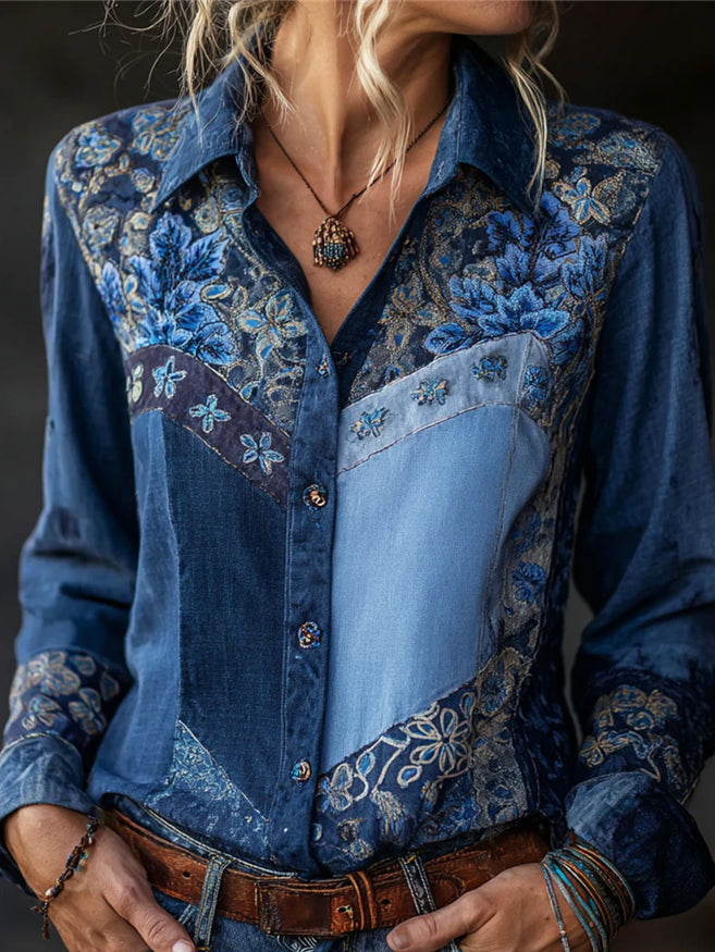 European And American Womens Shirts AutumnWinter Retro Floral Print Long-Sleeve Shirt