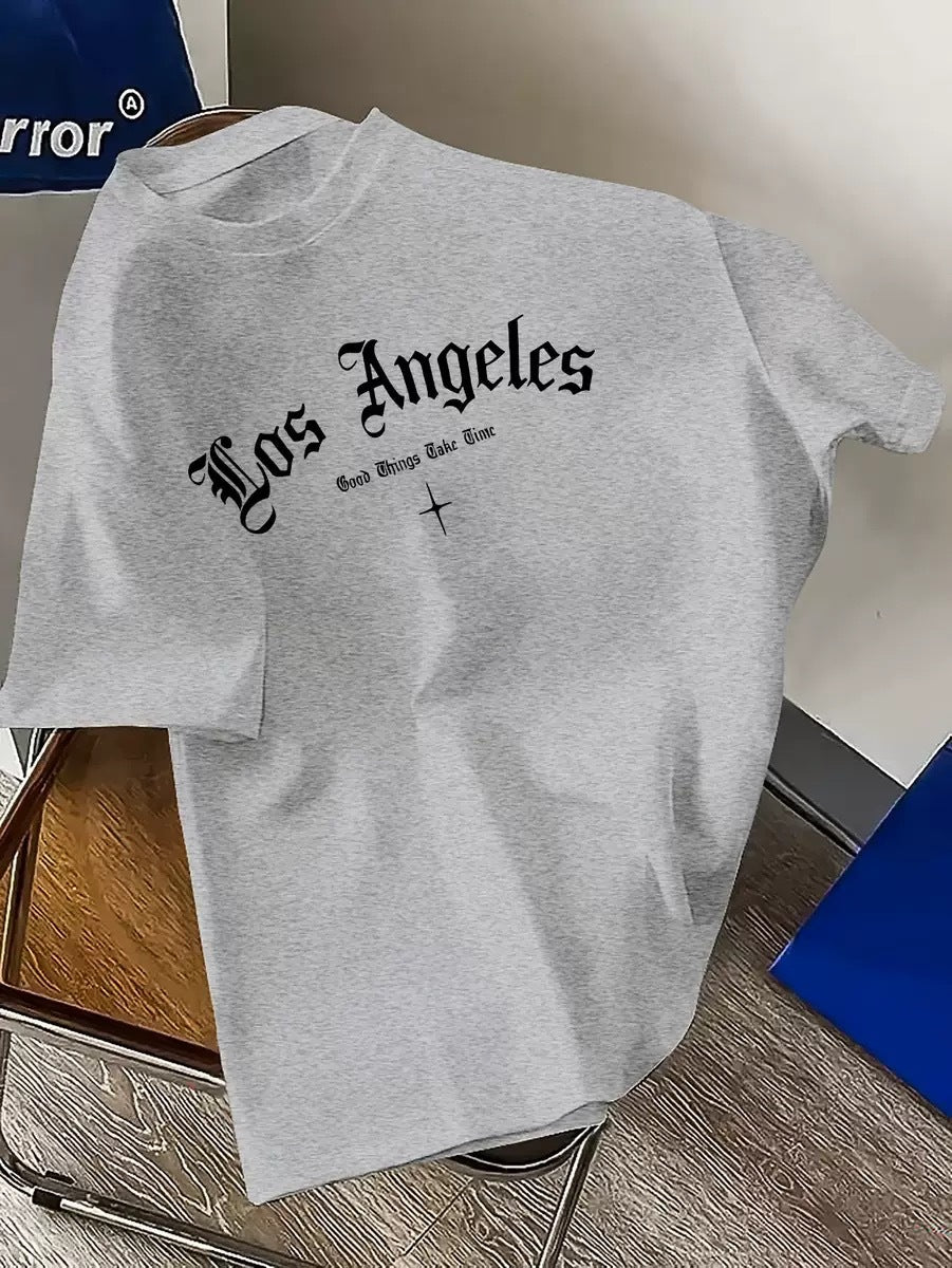 Mens Los Angeles-Print T-Shirt Casual Versatile Crew Neck Style