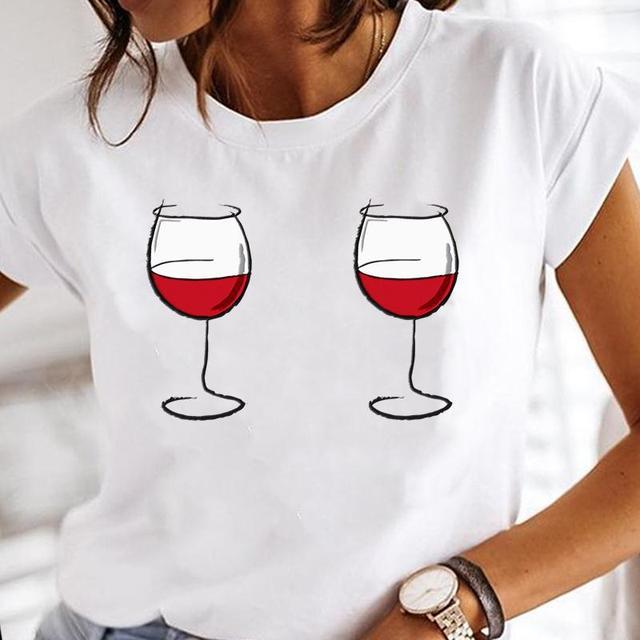 Wine Glass Fashion Printing Foreign Trade New Tops Ladies Casual Bottoming Shirts